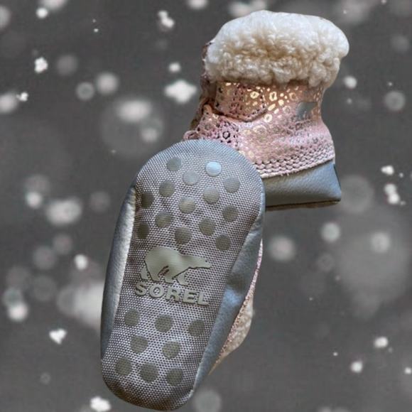Sorel Dusty Pink Chrome Grey Animal Print Caribootie Booties Baby Sz 3 - Picture 4 of 6